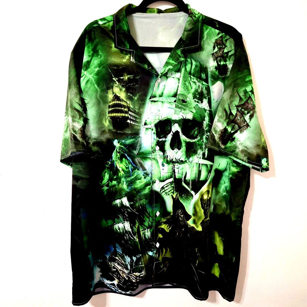 NWOT Mens Ghost Pirateship Green 3D Allover Print Skull XL Skeletal Davy Jones